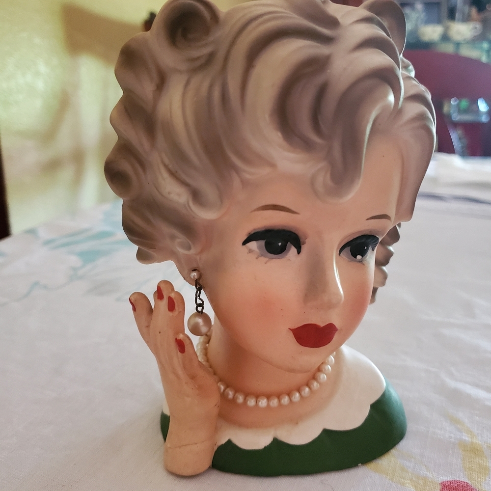 Brinn's 5" Vintage Lady Head Vase with Pearl Earrings